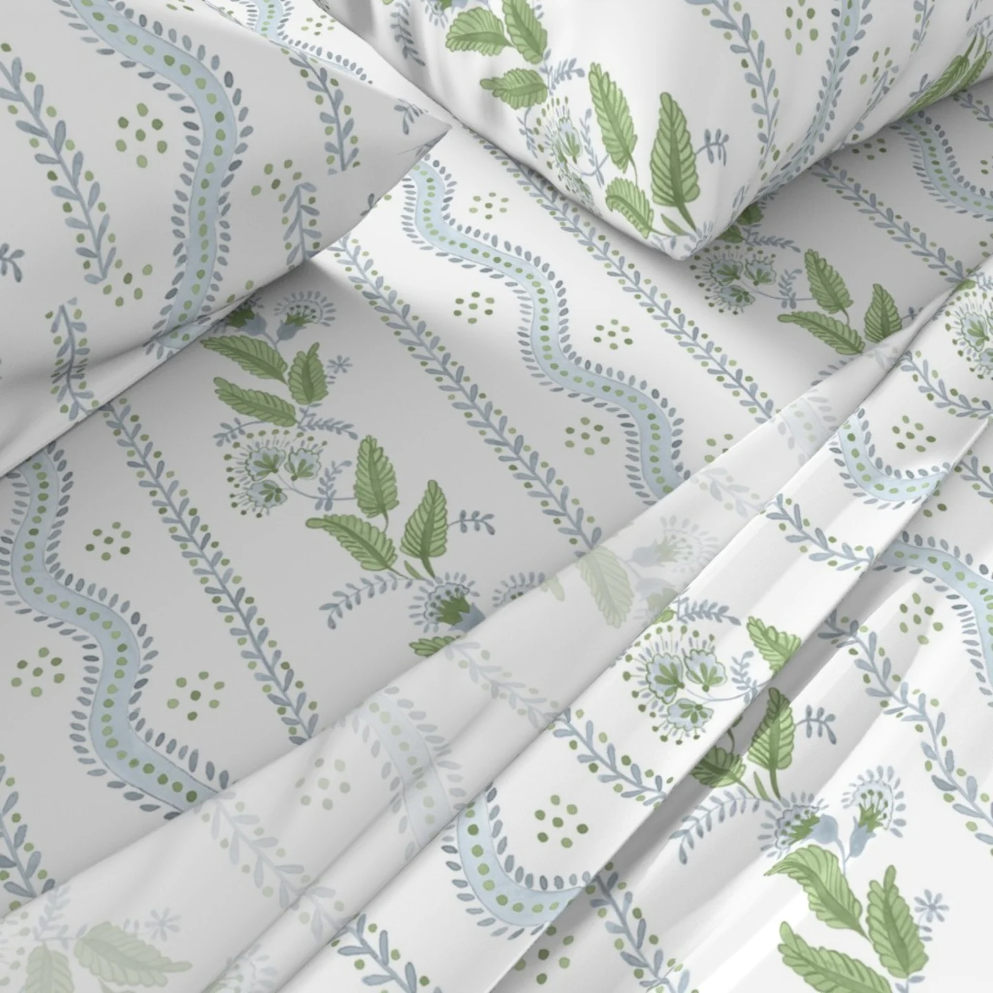 Sheet Set in Soft Blue and greens on white
