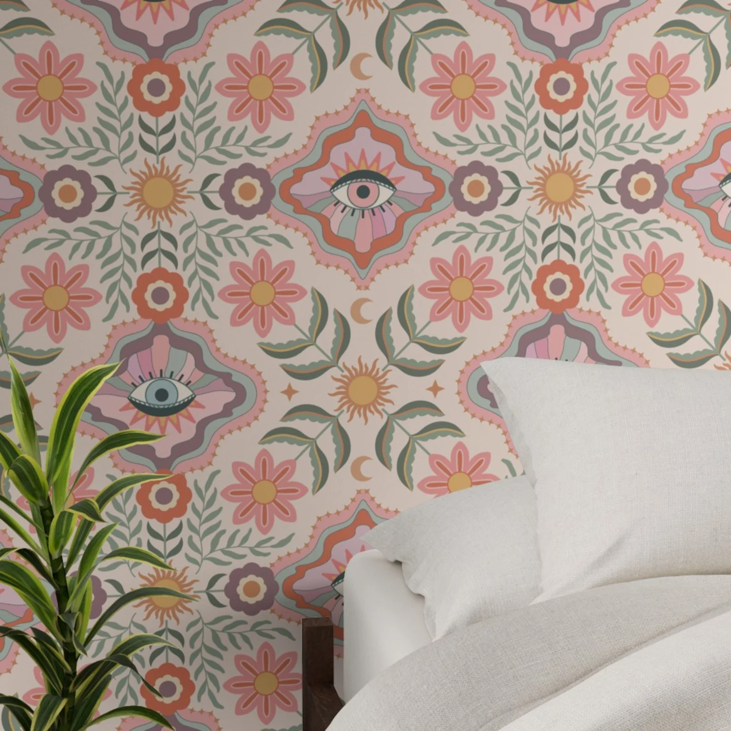 Bedroom with pink floral damask with eyes wallpaper.