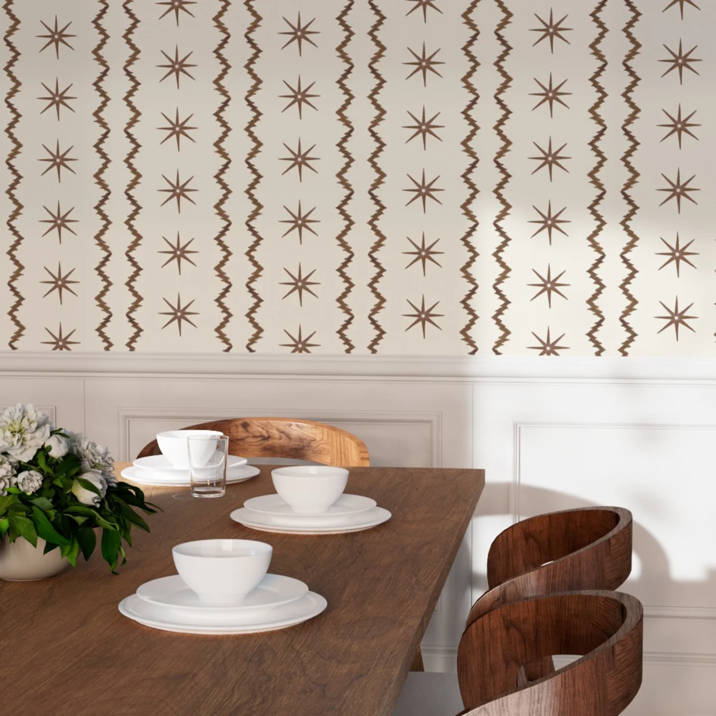 Dining room with brown and cream stars and stripes wallpaper.