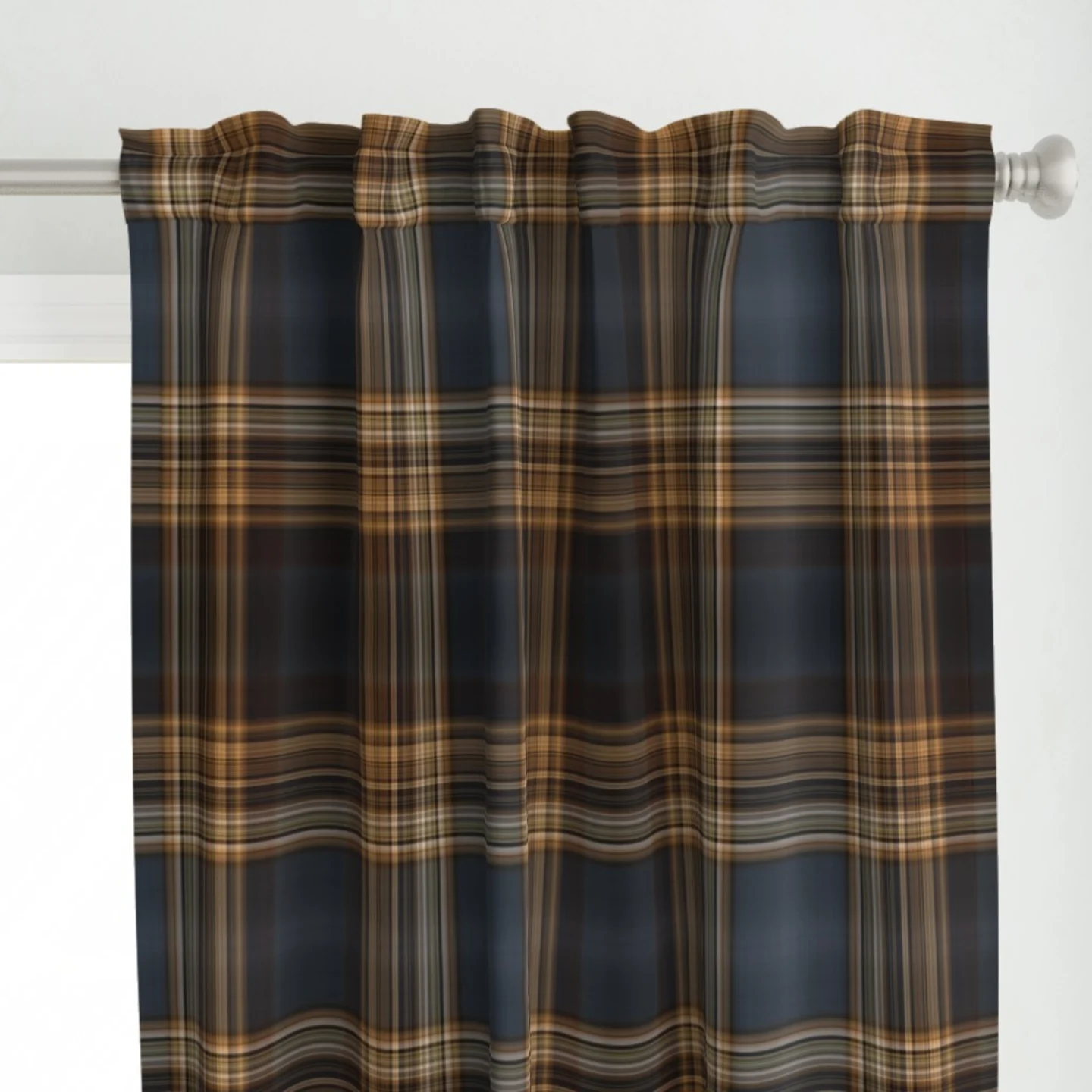 Curtain in Dark Blue and Brown Fine Line Plaid by Spoonflower artist northern_whimsy.