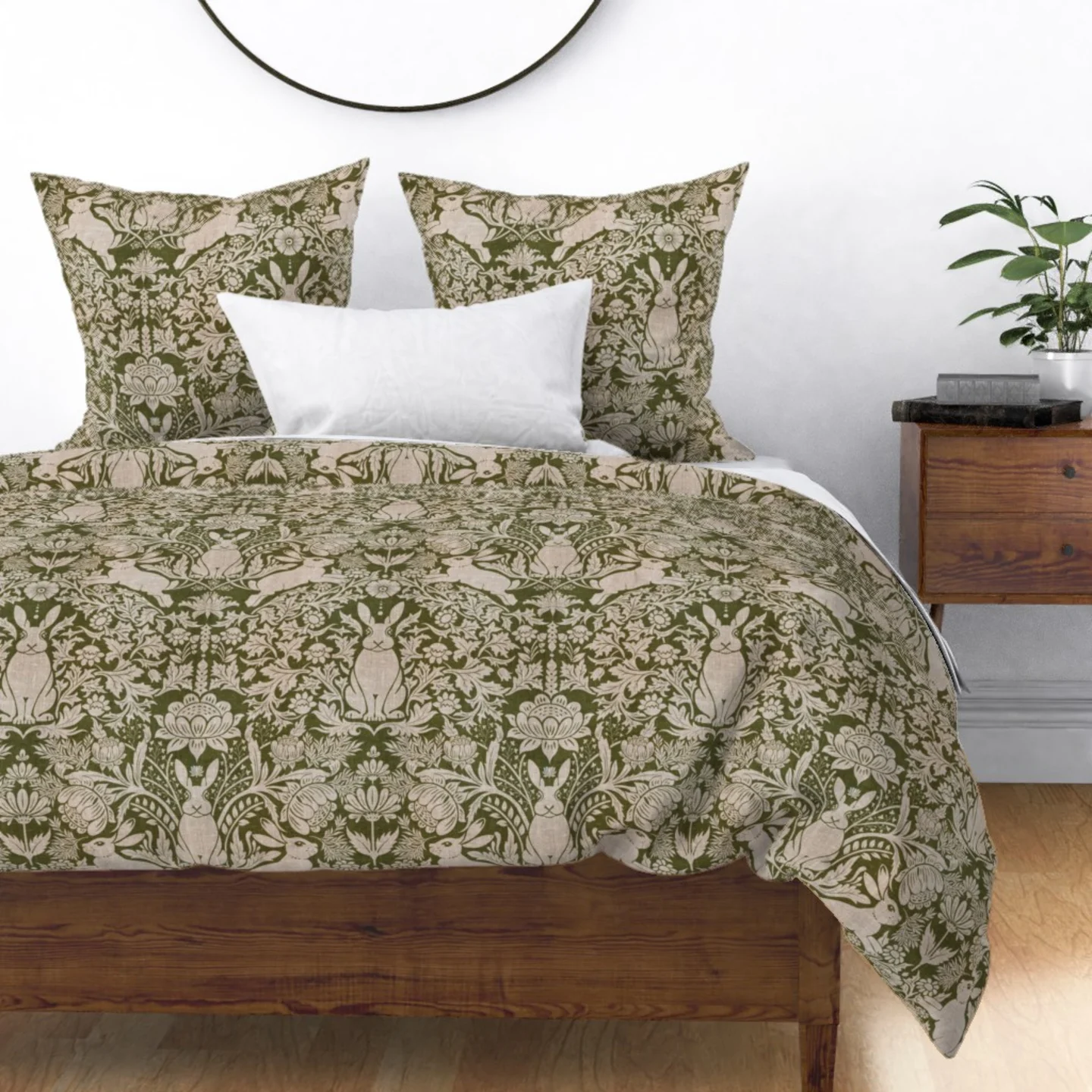 Duvet cover in  Modern damask/year of the rabbit/textured/olive green design by rumanajdesigns.