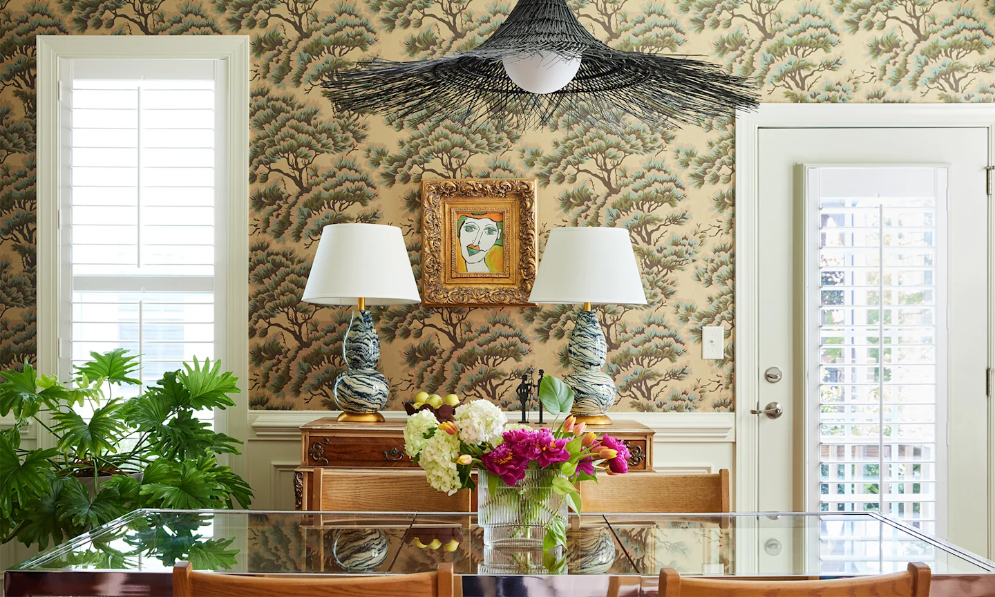 Dining room with gold metallic wallpaper in UMBRIA DUSK WOODS by holli_zollinger.