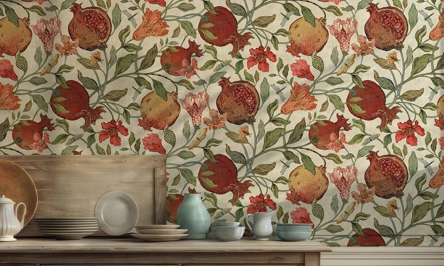 Kitchen area with wallpaper that has a fresco pomegranate design.