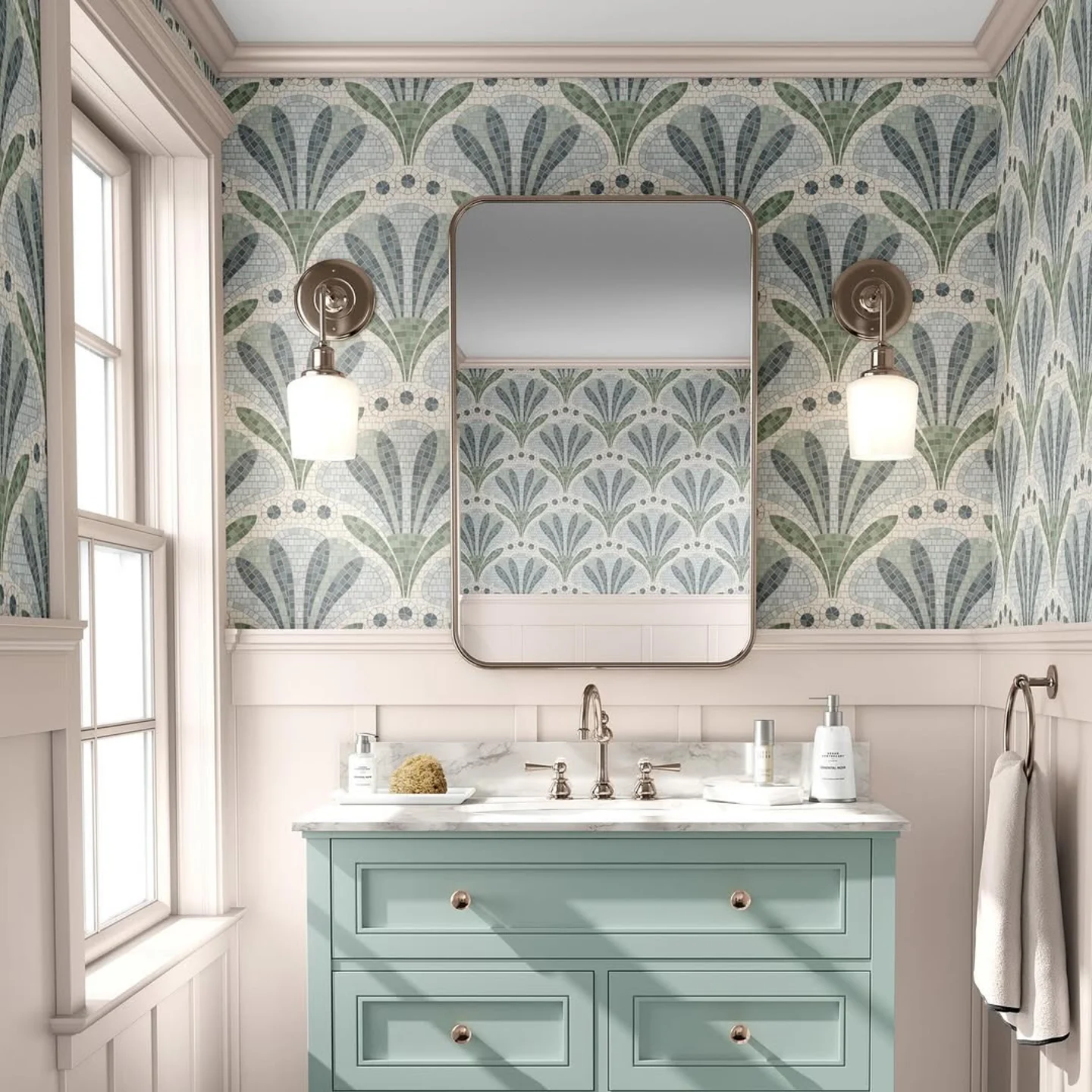 Bathroom with blue tile effect wallpaper by garabateo.