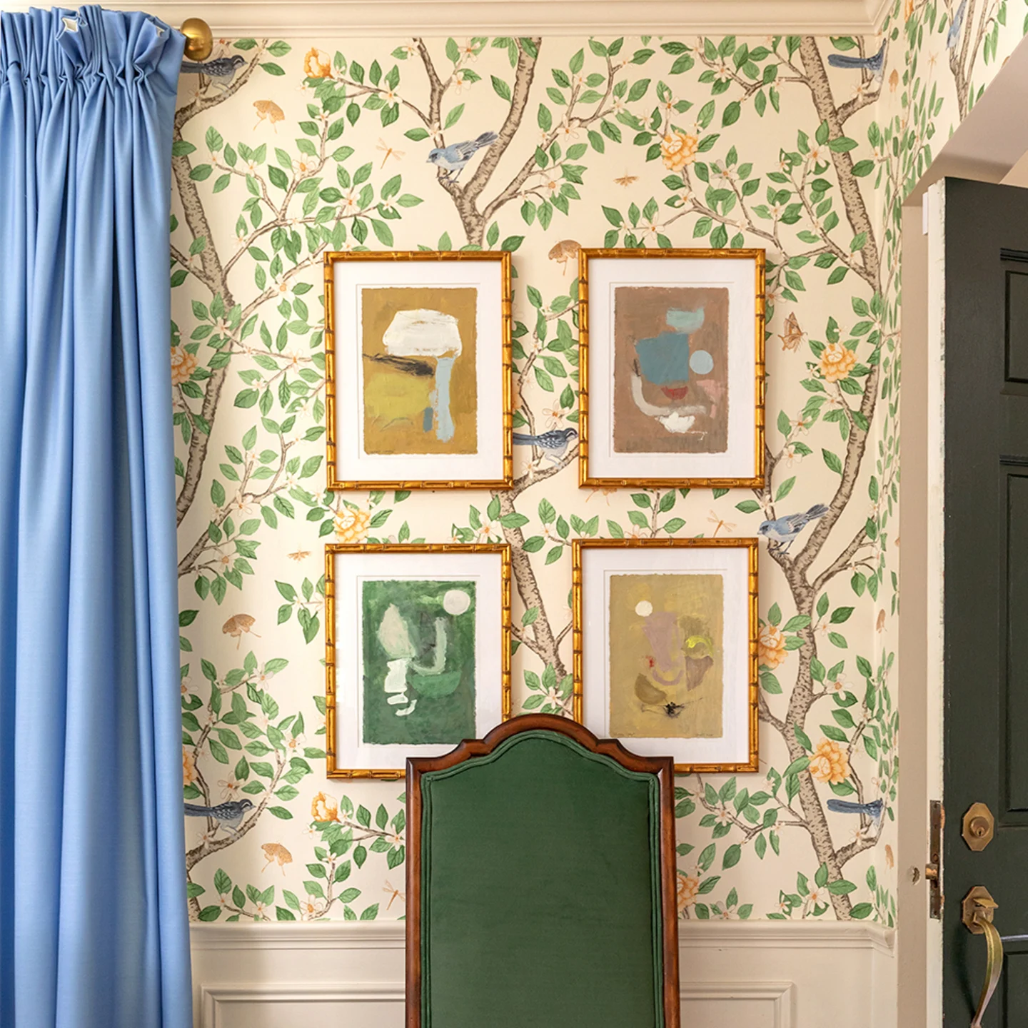 Dining area with wallpaper in Elsie's Garden Butterscotch on cream by danika_herrick.