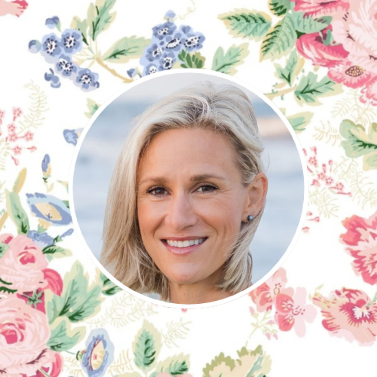 Headshot of Christina Zepf of Holy Mackerel House and a floral chintz design she used in a bedroom renovation.