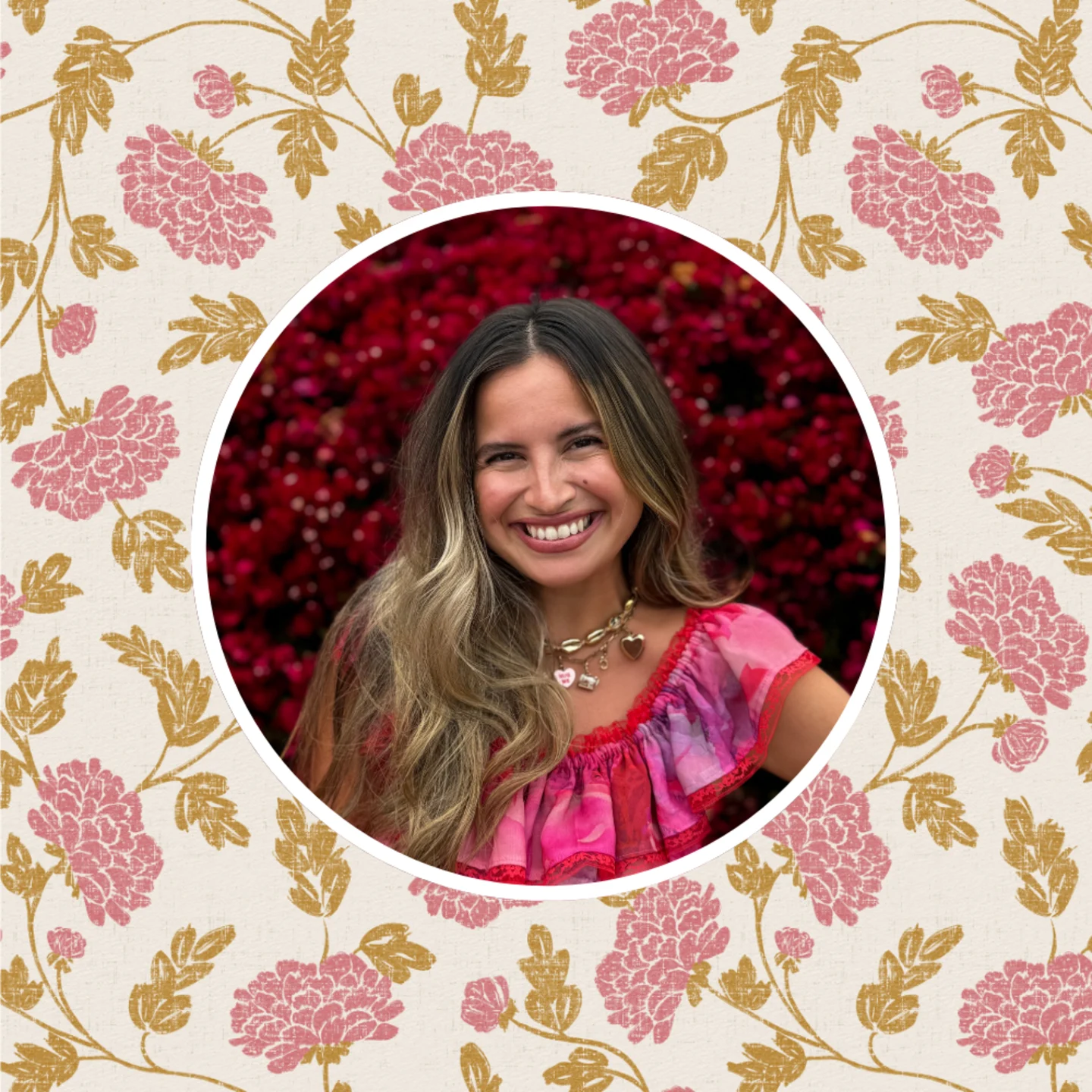 A headshot of Alissah Ashton in front of a favorite pink floral design by atlas_greene