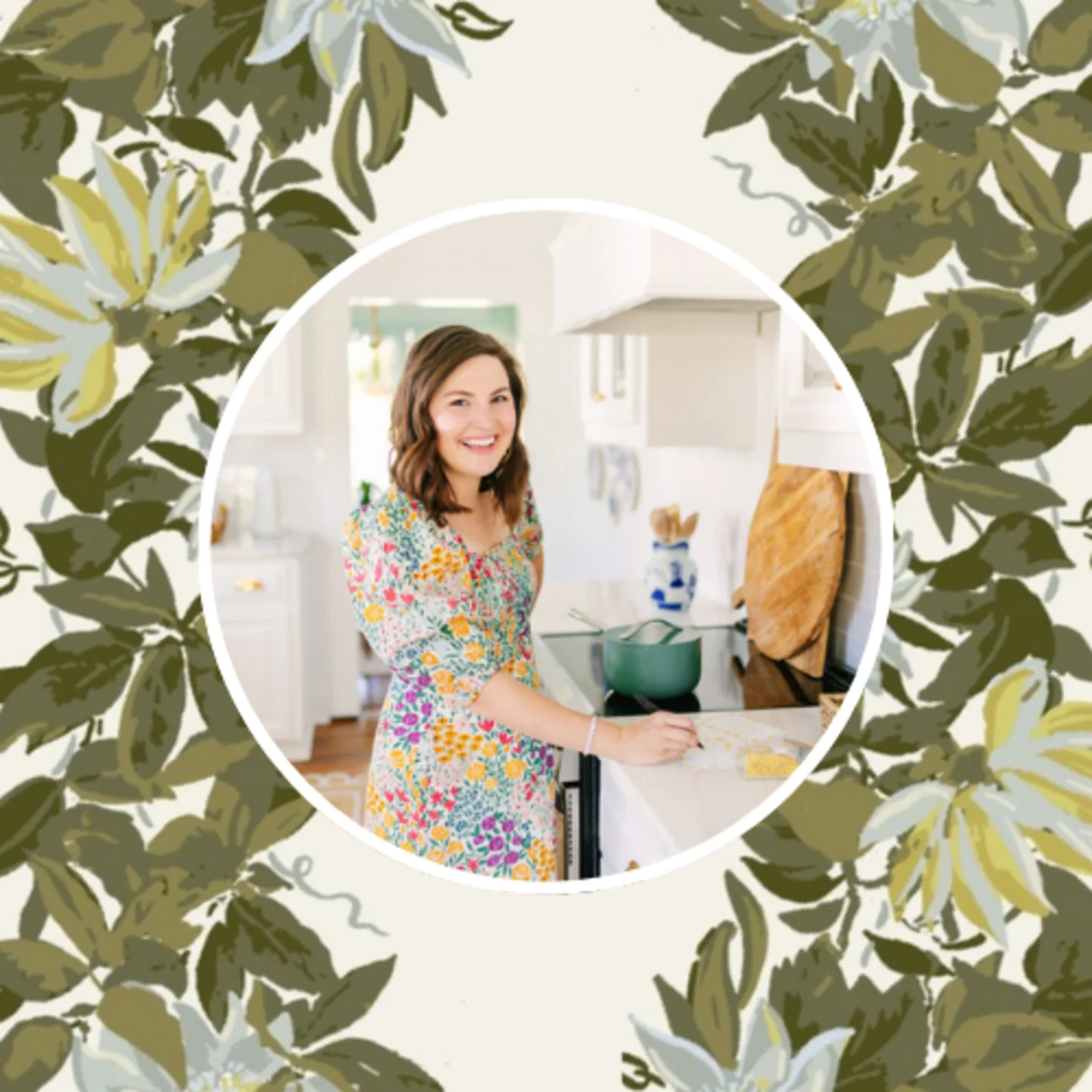 Headshot of McKenzie Fussell with a botanical stripe print she used in her laundry room renovation.