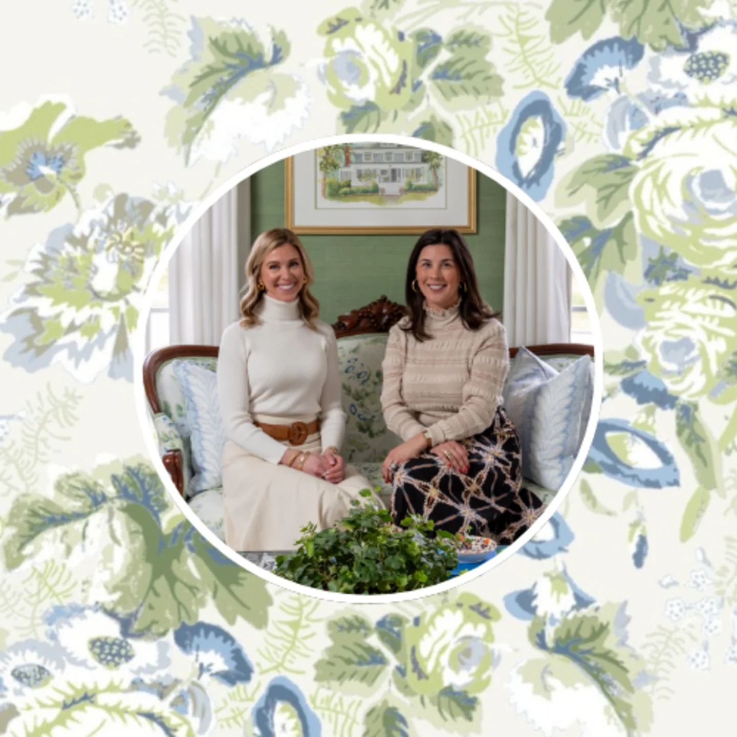 Caroline Walker and Maddie Hazelgrove in front of a floral chintz pattern in blue and green.