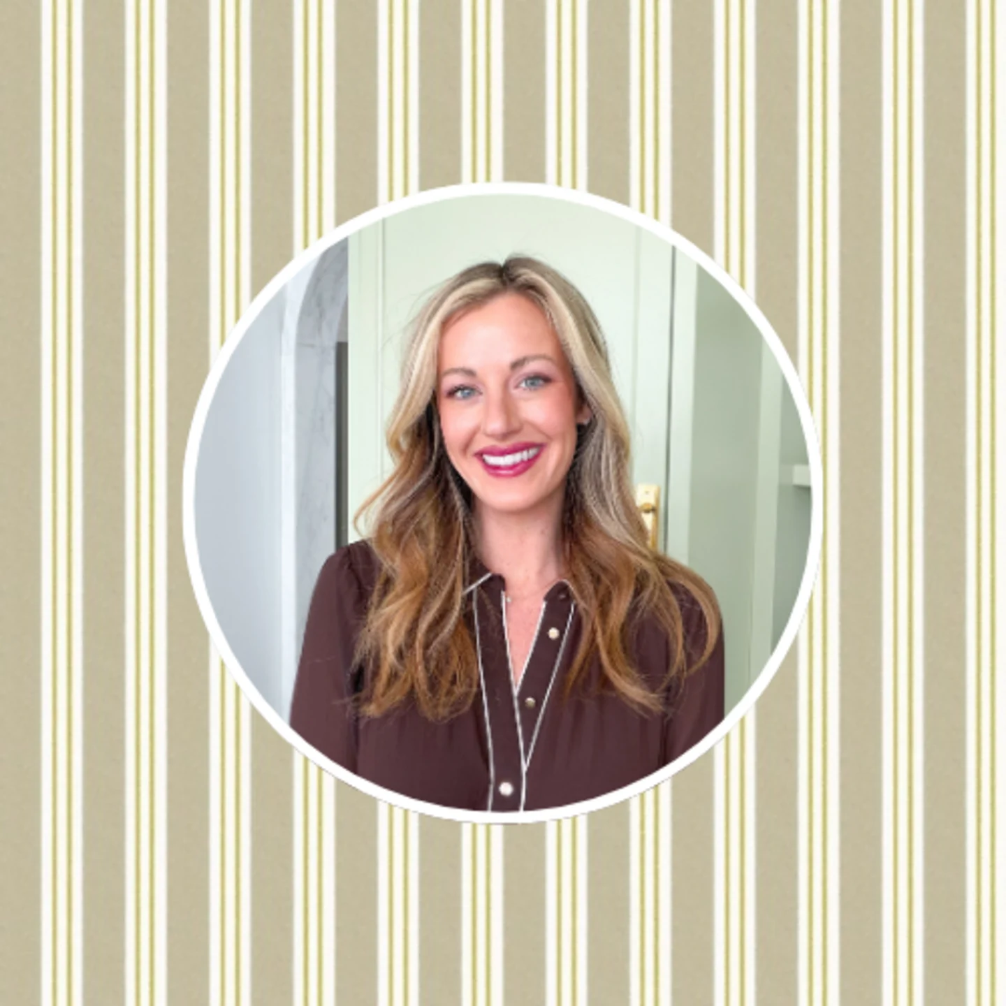 Headshot of Gail Disner in front of a sage green stripe design.